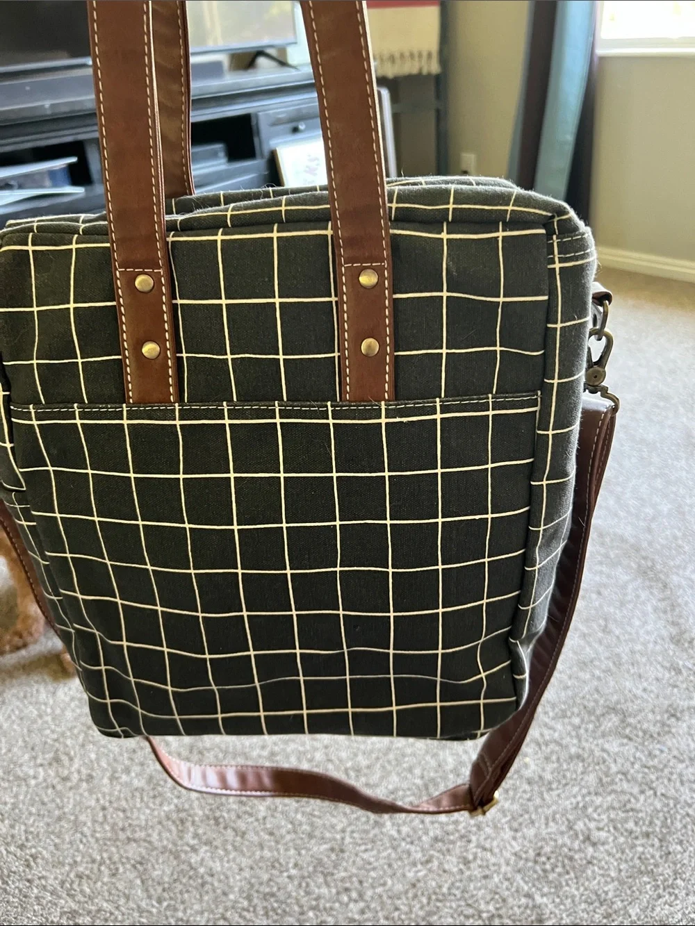 Maika Black Grid Messenger Bag with Brown Trim